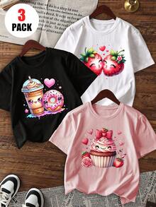 3件套少女休闲碎花圆领短袖T恤，夏季学生少女装 - 时尚T恤为每个孩子带来快乐和幸福！情人节 - 粉色 - 查看 1