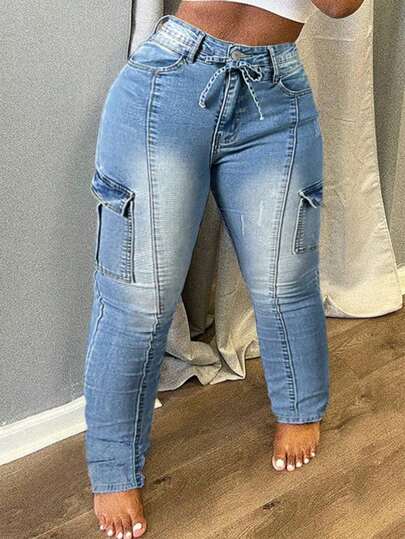 Chicsale Plus Size Women's Cargo Jeans - Slim Fit Stretch Denim With Utility Pockets, Solid Color For Everyday