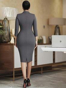 NOU 女士中长连衣裙，七分袖，缎带装饰，立领，简约优雅，舒适百搭，适合工作和日常穿着，收腰设计，后开衩，纯色，优雅梭织面料，中长款连衣裙，适合各种场合，如办公室、日常、约会，春秋季穿着。 - 深灰色 - 查看 3