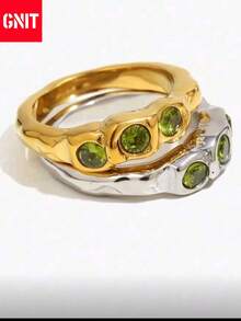 GNIT 限量版橄榄石镶嵌金银纹理戒指，独特设计，可叠戴女士戒指，奢华珠宝，理想的节日礼物 - 金色 - 查看 8