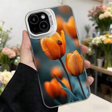 Cubierta de teléfono con diseño de tulipanes naranjas y escarabajo rojo color negro para mujer elegante uso diario en floristería Aplicable a los teléfonos de la serie Apple y Galaxy - Blanco - Ver 7