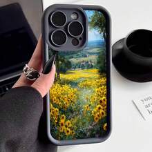Cubierta de telefono con borde negro estampada con campo de girasoles paisaje natural para uso diario y viajes - Café integral - Ver 3