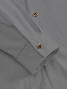 Men's Solid Color Linen Button-Up Long Sleeve Mandarin Collar Shirt And Long Pants, Vacation Casual Husband 2-Piece Set - Màu Xám nhạt - Xem 7