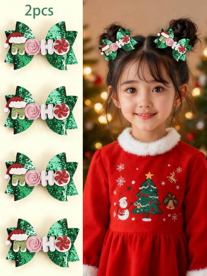 2pcs Christmas Hair Bows For Girls Sparkling Green Glitter Bow Alligator Clips With Swallow Tail Cute Christmas Hat Letter HOHO Christmas Songs Decor Bow Barrettes Adorable Bow Hair Clips For Christmas Celebration Party Favor Gifts Teens Hair Accessories