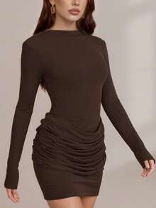Sexy Vintage Brown Long Sleeve Mini Dress, Round Neck Knit Fitted Style, Ruched Detail Design, Medium Stretch Fabric - Brown - View 10