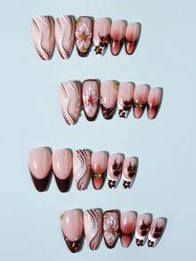 24pcs Almond Shaped 3D Gel Nail Stickers, Floral Nail Art Design, French Tip Style, Medium Size Metal Cross Decor, Pearl Accent, Perfect For Acrylic Nail Tips, Includes: 1pc Jelly Gel And 1pc Nail File. Almond Shaped French Nail Stickers, Suitable For Women's Daily Work, Festivals And Parties. Nails Nail Supplies - Brown - View 4