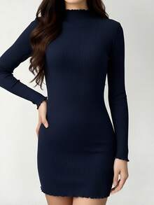 1pc Women's Ruffle Trim Round Neck Solid Color Waist Cinched Slim Fit Casual Dress, Suitable For Home And Commute - Royal Blue - View 4