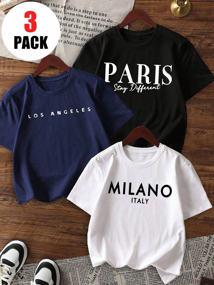 3件套少女休闲印花圆领短袖T恤，夏季学生服装 - 色彩缤纷的T恤为每个孩子带来快乐！少女图案T恤，夏季