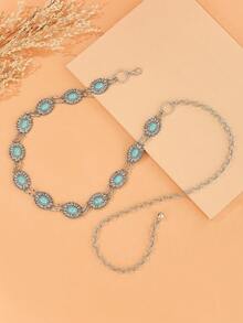 Cadena de cintura vintage bohemia de turquesa ovalada, cinturón de metal para vestido, chaqueta, adecuado para primavera, verano, otoño, invierno - Plateado - Ver 3