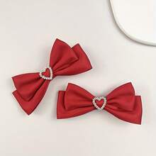 2 Elegant Shiny Rhinestone Heart Bow Hair Clips Vintage Women's Daily Use Hair Accessories - 粉色 - 查看 6