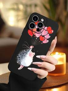 1PC Funda de teléfono TPU con diseño de erizo sosteniendo globos en forma de corazón, estilo tierno y romántico, combinación de ternura y celebración, protección para lente, resistente a caídas, textura mate suave, ideal para mujeres, amantes de los animales y personas que buscan un toque dulce, regalo especial, compatible con iPhone16/15/14/13/12/11/XS/XR/X/PLUS/PRO/PROMAX, compatible con Galaxy A21/A24/A25/A32/A34/A35/A54/A55, Galaxy S20/S21/S22/S23/S24 Ultra, agarre cómodo, regalo de temporada para amigos, novia, novio, familia - Negro - Ver 2