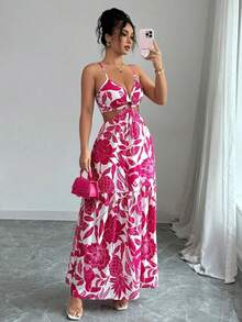 Women's Long Printed Dress With Side Cutouts And Front Ring, Elegant Look - Màu Hồng Tươi - Xem 7