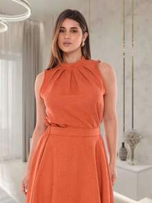 Women's Tank Top With High Neck And Pleats, Viscose Linen Fabric - 瓦 - 查看 2