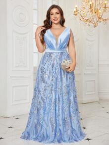 UNITHORSE Plus Feminino [Corte Aleatório] Decote em V Profundo Sem Mangas Lantejoulas Patchwork Cetim Slim Fit Maxi Vestido de Noite - Azul - Ver 3