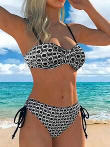 Women's Sunflower Black & White Sexy Spaghetti Strap Backless Bikini Set - Multicolor - View 2