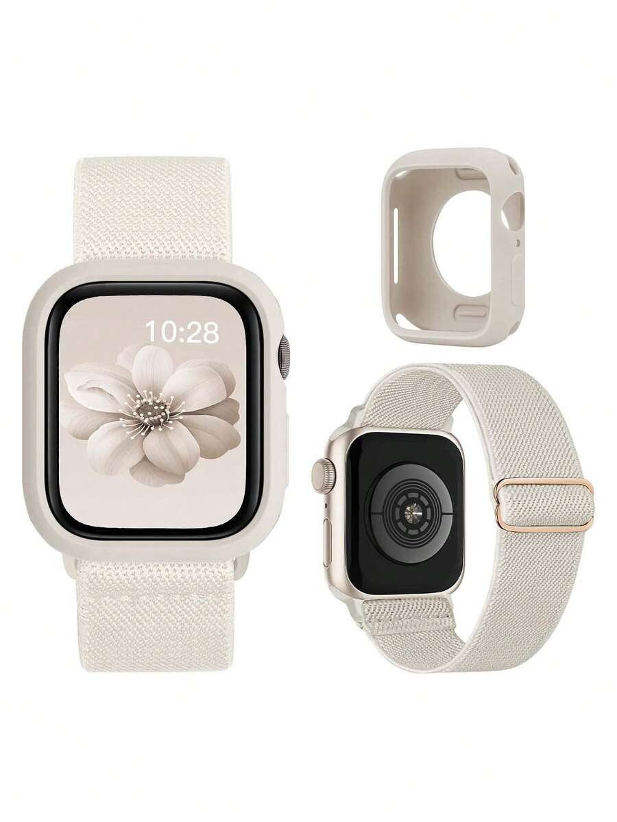 Compatible With Apple Watch Strap And Compatible With Apple Watch Case , Nylon Watch Band Watch Case Compatible With Apple Watch SE/11/10/9/8/7/6/5/4/3/2/1 Series, Ultra 3 2 1, Adjustable Elastic Sporty & Fashionable Breathable For Apple Watch Band Women , For Apple Watch Case Cover Starlight Soft TPU Case (No Screen Protector), 38mm40mm41mm42mm44mm45mm46mm49mmS10/11-42mm For Apple Watch Acesories,For Apple Watch Band - Apricot - View 1