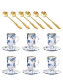 一套六件中东风格茶杯碟套装，复古棕色玻璃花卉图案茶/咖啡杯，杯腰设计，加厚杯底，防止茶水变凉，适合六人使用，是生日、聚会、下午茶的理想之选。 - 彩色 - 查看 13