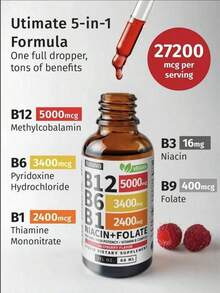 Nusava Vitamin B12+B6 Liquid Drops Sublingual Energv & Brain Support With Methylcobalamin B1 Folic Acid Raspberry Flavor Gluten-Free Vegan GMP Certified Non-GMO - 2PCS - 查看 4