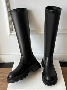 Giày bốt đồng phục mới Thu/Đông 2025 dành cho nữ, Giày bốt cao đến giữa bắp chân, mũi tròn, gót dày, có khóa kéo phía sau, Thiết kế đế chống thấm nước, Phù hợp với mọi mùa, Giày bốt cao đến giữa bắp chân màu đen cho việc đi lại hàng ngày ngoài trời, Giày bốt cao cổ thời trang dành cho nữ - màu đen - Xem 3