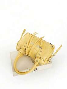 Yellow Patchwork Studs With Metal Fringe Zipper Accents Retro PU Leather Ring Strap With Stud Detailing Double Handles With Adjustable Long Shoulder Strap Zipper Closure Fashionable Retro Sweet-Edgy Style Biker Bag With Y2K Punk Aesthetic Square Silhouette Women's Handbag Casual Understated Luxury Crossbody Bag - Màu vàng - Xem 6