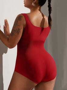 1pc Women Plus Size Seamless Bodysuit, Waist Cinching, Tummy Control, Butt Lifting - Red - View 9