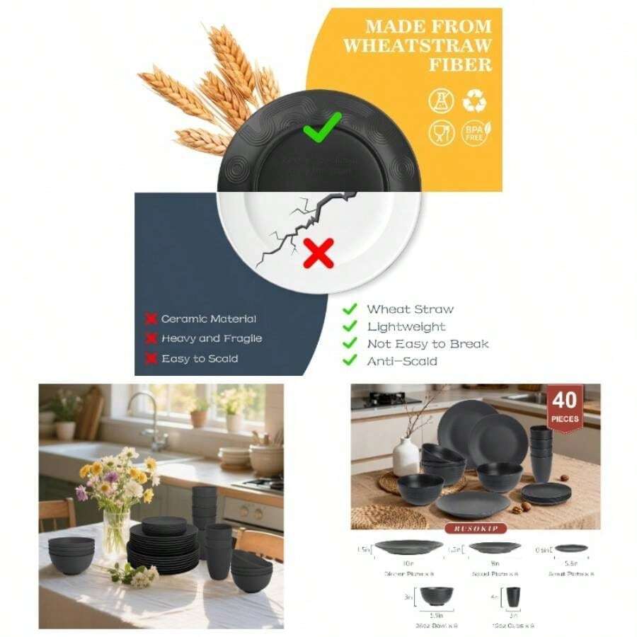 - Juego de vajilla de paja de trigo de 40 piezas, juego de platos irrompibles para 8, platos y cuencos aptos para lavaplatos y microondas, platos de plstico reutilizables, cuencos, tazas de - negro - - Ver 1