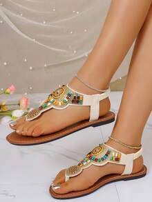 New Rhinestone Embellished Flat Sandals, Fashionable Thong Sandals For Street Wear, Suitable For Various Occasions - Beige - View 6