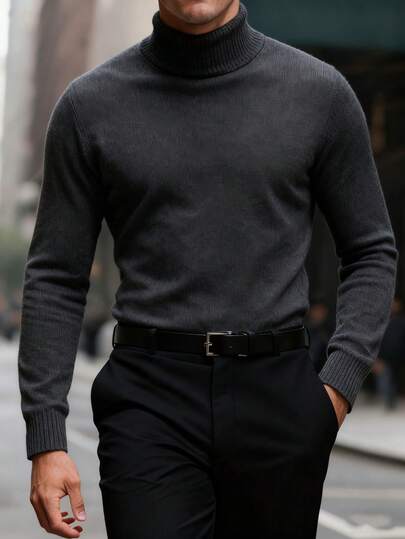 男士纯色休闲高领毛衣，适合秋冬季节穿着，长袖上衣