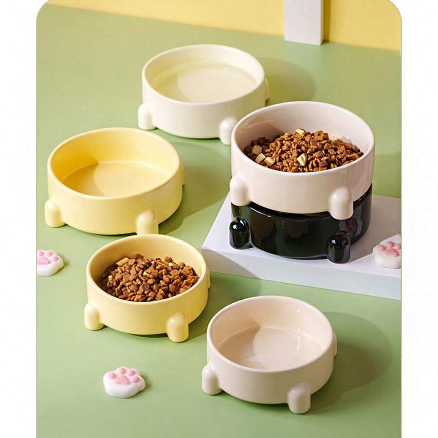 大直径陶瓷宠物碗，防倾倒宠物托盘，猫粮碗，零食碗，小型犬粮碗，颈部保护垫，猫狗通用碗，宠物罐头食品碗，饮水碗，卫生易清洗 - 彩色 - 查看 1