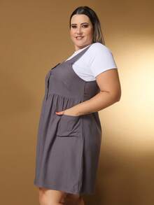 Plus Size Linen Short Dress With Button And Pocket, New Model. - Gris Oscuro - Ver 6