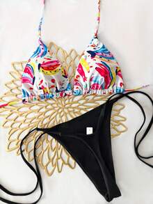 2026 New Colorblock Bikini Swimsuit, Sexy Strap Separates Set, Women's Floral Print Bohemian Backless Tie Swimwear For Beach Vacation - Black - View 3