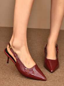 Sapatos de salto alto femininos bordô com bico fino, tira única, cano baixo, ideais para primavera/outono, sandálias de salto alto com bico aberto e salto gatinho. - Borgonha - Ver 3