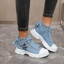 2025新款帆布高帮女鞋，透气厚底休闲运动鞋，蓝色牛仔靴，运动靴