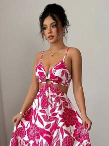 Women's Long Printed Dress With Side Cutouts And Front Ring, Elegant Look - Màu Hồng Tươi - Xem 2