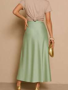 Women's Satin Midi/Long Skirt With High Waist, Elegant And Luxurious - Verde Claro - 查看 4