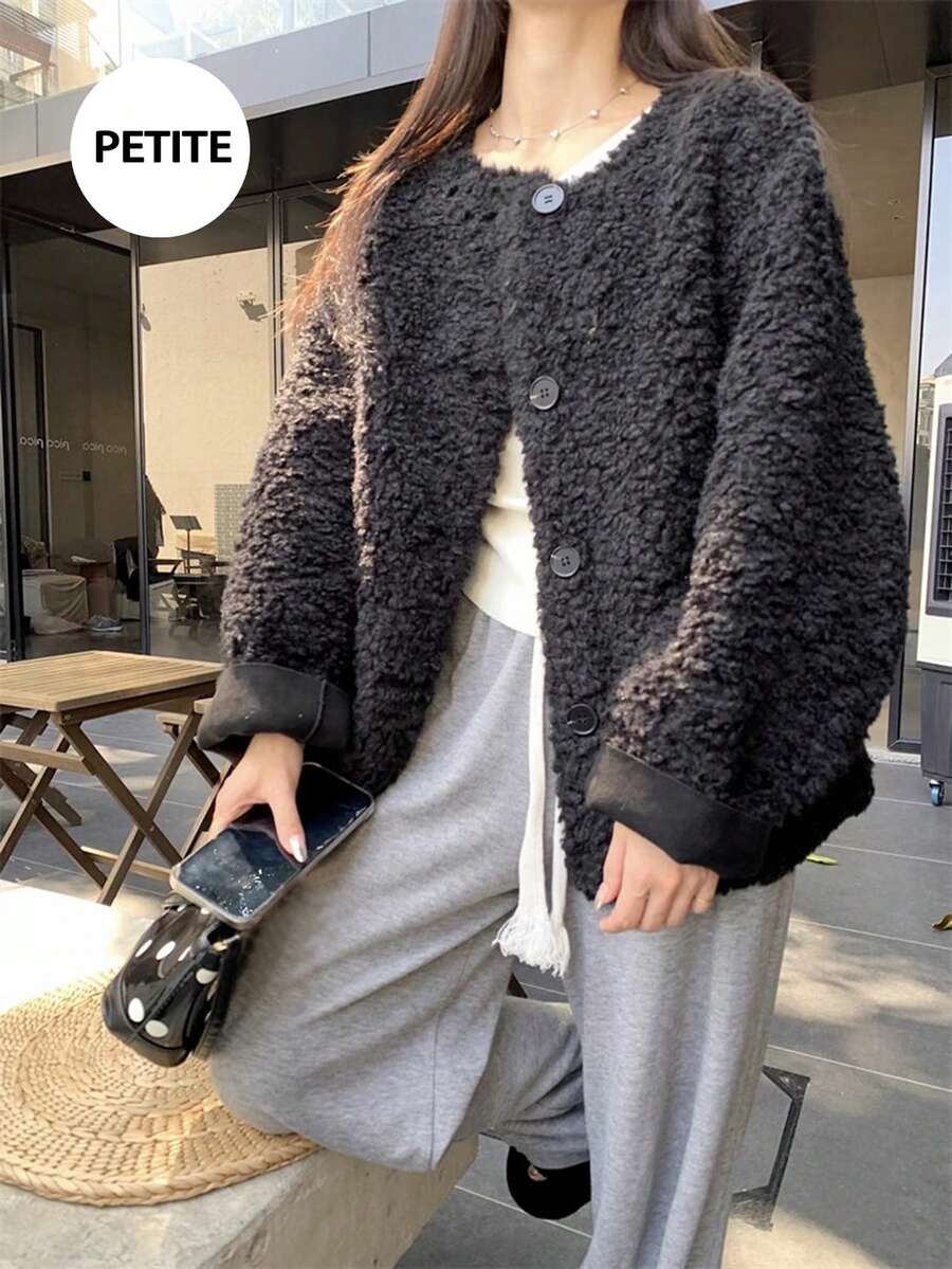 韓式風格仿羊羔絨圓領休閒夾克女款,厚實保暖,寬鬆版型,秋/冬百搭上衣,適合嬌小女性 - 黑色 - 查看 1
