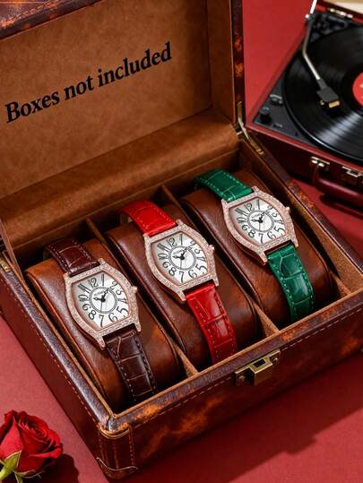 Set de 3 relojes de muñeca de estilo retro con forma de barril, bisel con diamantes, esfera con números grandes, correa de cuero con estampado de cocodrilo, relojes de moda de lujo multicolor, adecuados para regalos, aniversarios, regalos de Halloween (sin caja de regalo)