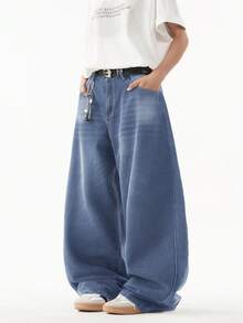 1件 Justice Brother 复古水洗宽松阔腿牛仔裤，休闲情侣款（破洞裤脚） - 薄荷藍 - 查看 5