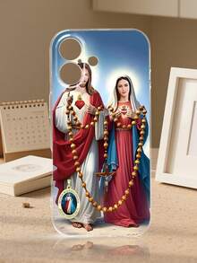 Funda de teléfono con diseño religioso de Jesús y la Virgen María, estampado con imagen clásica de ambos personajes sosteniendo un rosario, corazones sagrados y cruz cristiana, estilo devocional y espiritual ideal para fechas religiosas y uso diario, funda transparente, resistente a golpes, alta transparencia, compatible con iPhone17/16/15/14/13/12/11/Plus/Pro/ProMax, compatible con Galaxy A34/A35/A54/A55, Galaxy S20/S21/S22/S23/S24/S25 Ultra/Plus, compatible con Moto/Galaxy/Redmi/Honor/OPPO - transparente - Ver 4