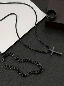 3 件套男士不锈钢项链、手链和戒指套装，朋克风格链 - 彩色 - 查看 2