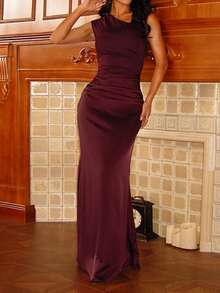 WOWDARK Summer Dress, Red Valentines Outfit, Fashionable Sleeveless V-Neck Satin Patchwork Elegant Party Dress For Women, Suitable For Valentine's Day, Dates, Parties, Gatherings - Burgundy - View 4