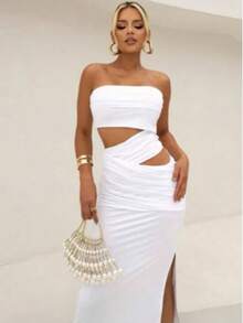 Vestido transpassado midy tecido suplex para ano novo modelo tomara que caia abertura dupla moda verão ano novo - Branco - Visão 1