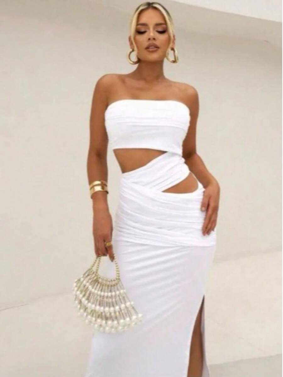 Vestido transpassado midy tecido suplex para ano novo modelo tomara que caia abertura dupla moda verão ano novo - Branco - Visão 1
