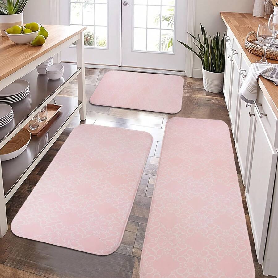 1/2/3pcs Set Of Farmhouse Kitchen Mats, Pink Patterned Elegant Design, Holiday Gift, Festive Party Decorations, Kitchen Rugs, Hallway Runner, Flannel Material Soft And Comfortable, Suitable For Sink, Bedroom, Living Room, Dining Room, Bathroom, Bedroom Rugs - 彩色 - 查看 1