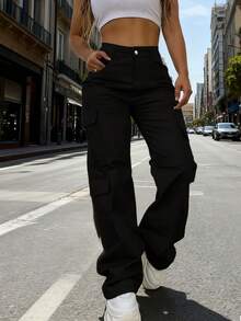 Women's New High-Waisted Multi-Pocket Straight-Leg Cargo Pants, American Retro Cool Slimming Sporty Casual Pants - màu đen - Xem 5