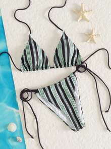 女士比基尼套装，泳装，泳衣，休闲蓝棕条纹系带露背比基尼两件式泳衣，高腰提臀加垫泳装，性感夏季沙滩装，海滩度假装，女士夏季假日沙滩露背装，Y2K辣妹风 - 軍綠色 - 查看 3