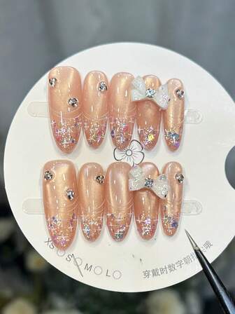 10片手工椭圆形美甲贴片，长款优雅粉色美甲，闪亮橙色猫眼图案，闪粉手绘不规则线条十字星，3D大蝴蝶钻石镶嵌，简约优雅秋季美甲，秋季贴片美甲，多功能DIY假指甲，适合派对、日常、约会、海滩、热带度假等场合，可重复使用，送给女性和女孩的礼物，美甲用品