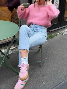 Suéter de punto esponjoso de cuello redondo liso para mujer, top holgado y acogedor para otoño e invierno - Rosa - Ver 4