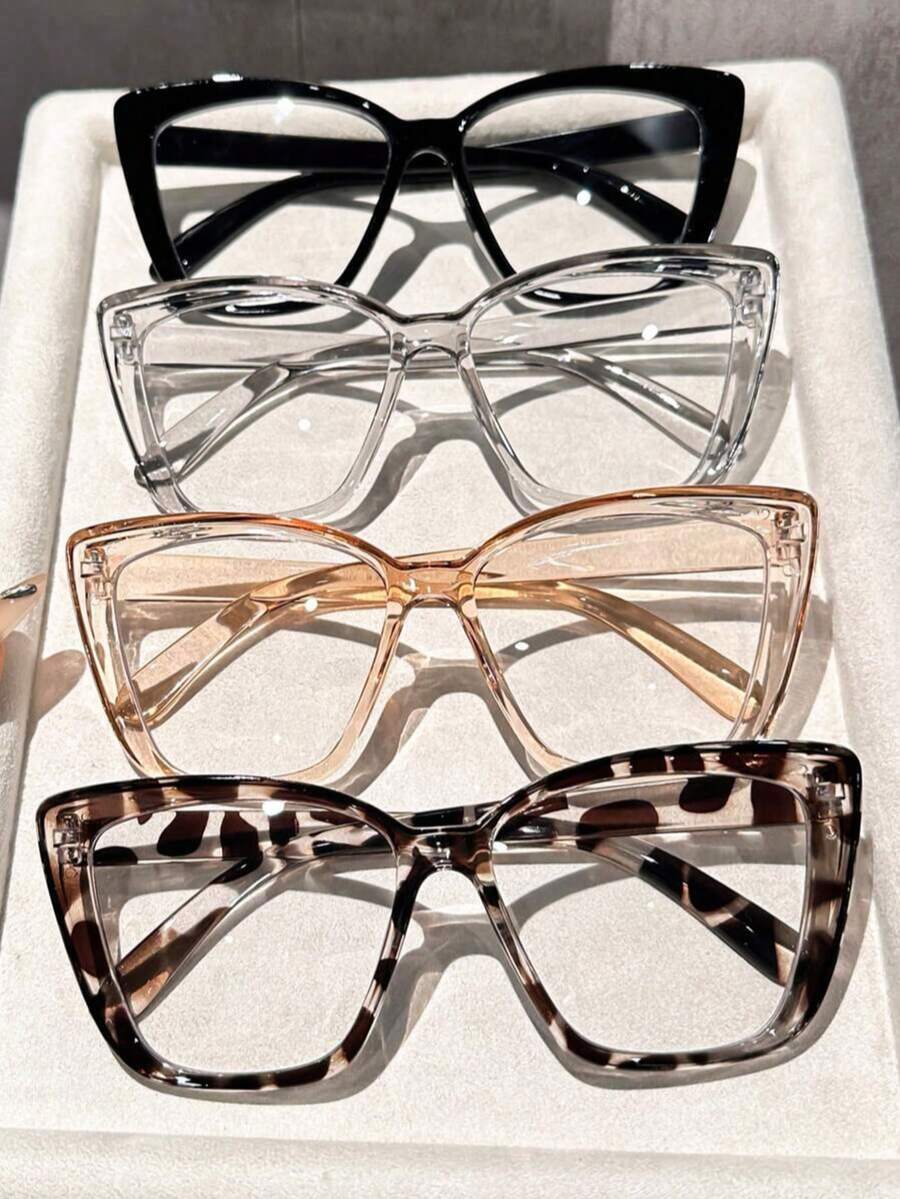 4 pares de gafas de mujer con lentes planos de estilo clásico, ligeras y de protección ocular, con montura de plástico de gran tamaño con diseño de ojo de gato, perfectas para uso diario, oficina, lectura, ver televisión, conducir y decoración - Multicolor - Ver 1