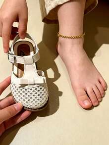 Girls Flats Sandals Kids Adjustable T-Strap Mesh Breathable Bow Hook And Loop 3-12Y Off-White - Beige - View 5